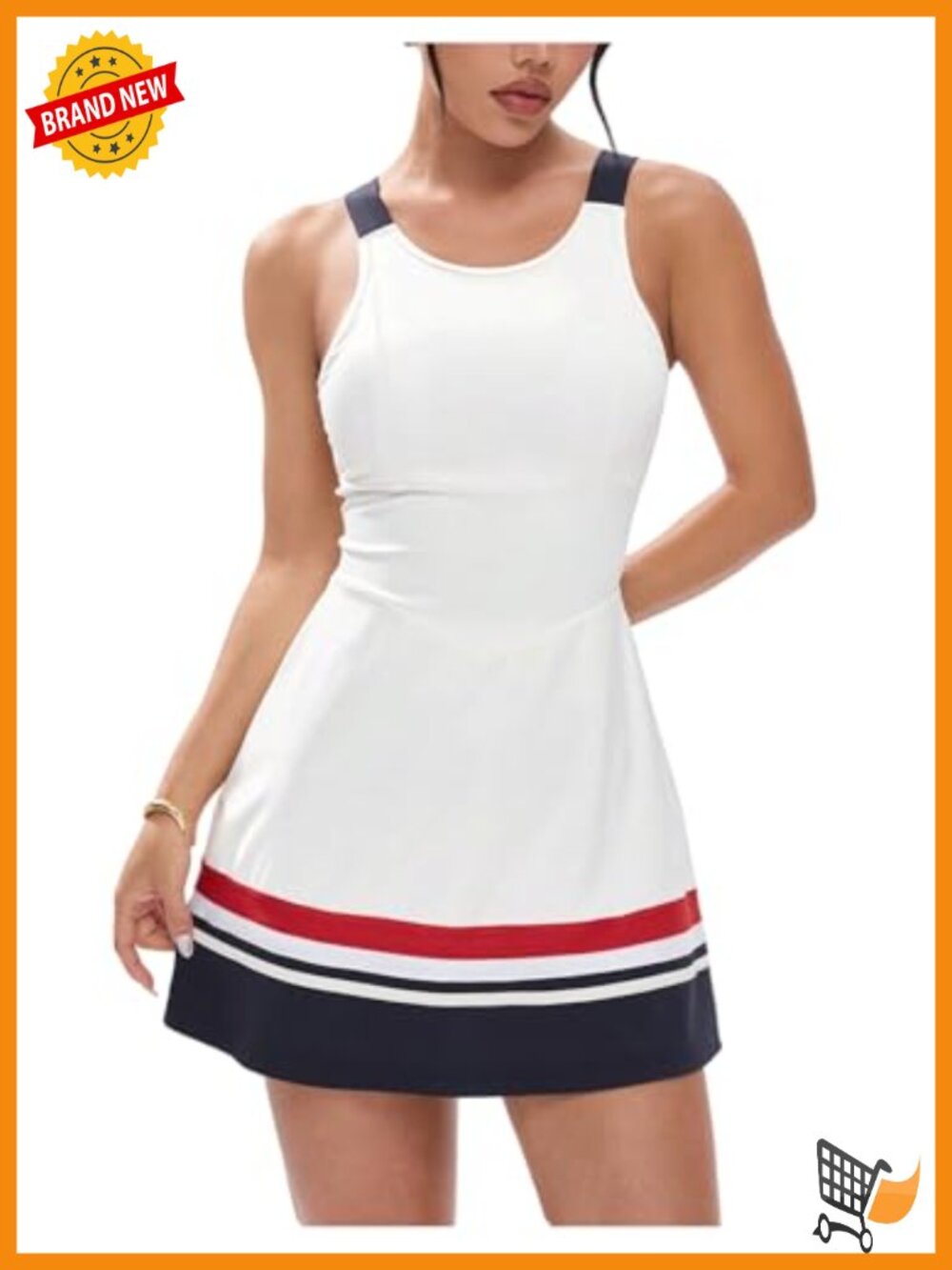 Striped Sleeveless Crew Neck Tennis Dress with Built-in Shorts